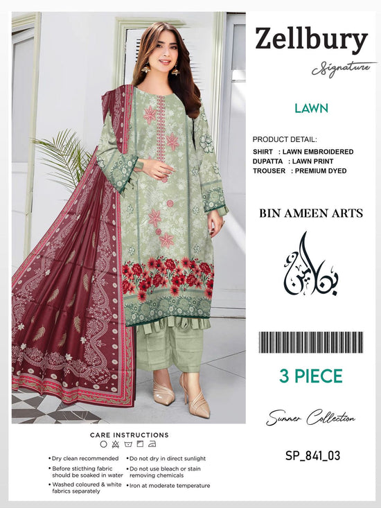 EMB 3 Piece Green Suit | Lawn Stuff By Zellbury