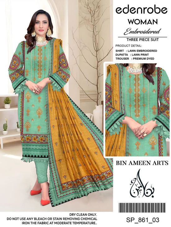 EMB 3 Piece Green  Suit | Lawn Stuff By Edenrobe