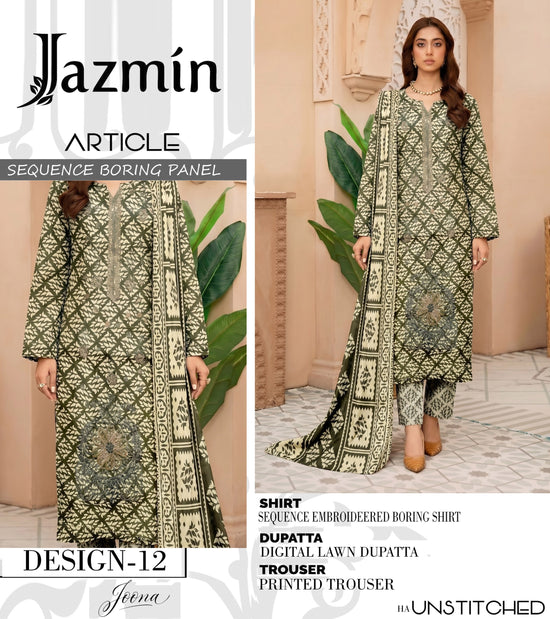 EMB 3 Piece Green Suit | Lawn Stuff By Jazmin