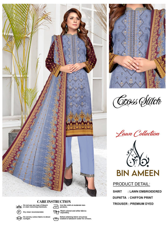 EMB 3 Piece Blue Suit | Lawn Stuff By CROSS STITCH