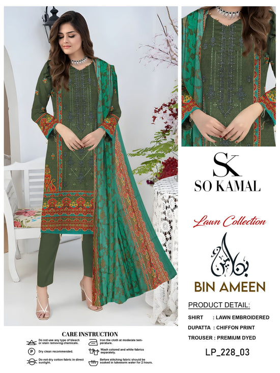 EMB 3 Piece Green Suit | Lawn Stuff By SO KAMAL