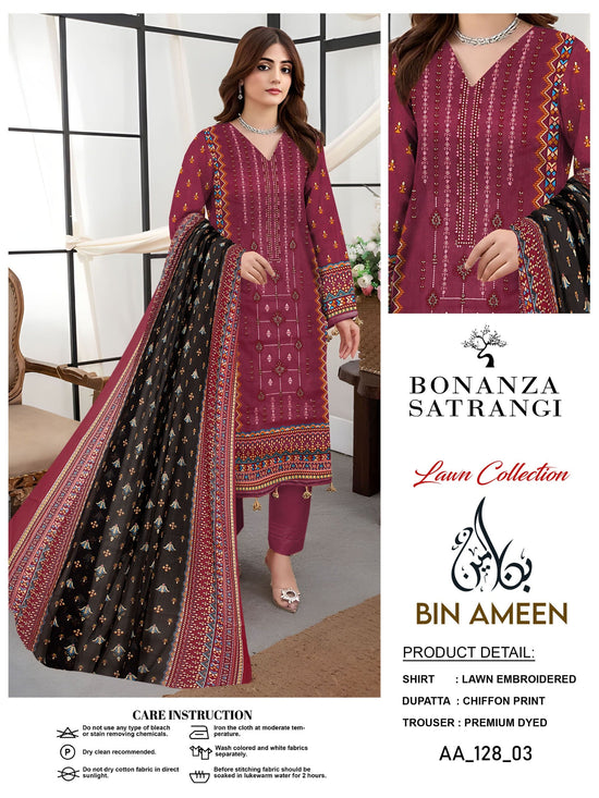 EMB 3 Piece Red Suit | Lawn Stuff By BONANZA SATRANGI
