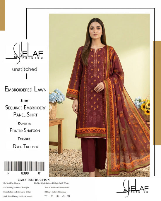 EMB 3 Piece Mehroon Suit | Lawn Stuff By Elaf