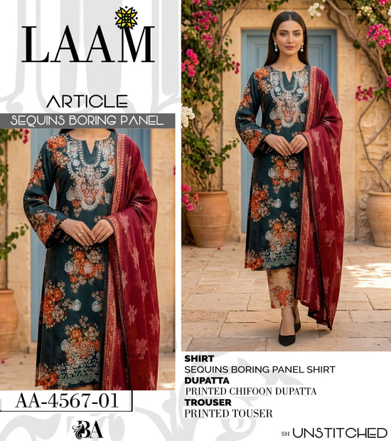EMB 3 Piece Dark Gray Suit | Lawn Stuff By LAAM