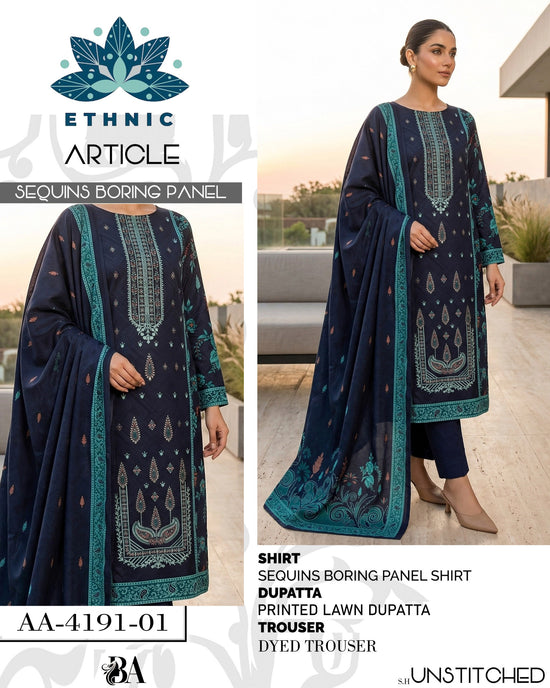 EMB 3 Piece Navy Blue Suit | Lawn Stuff By Ethnic