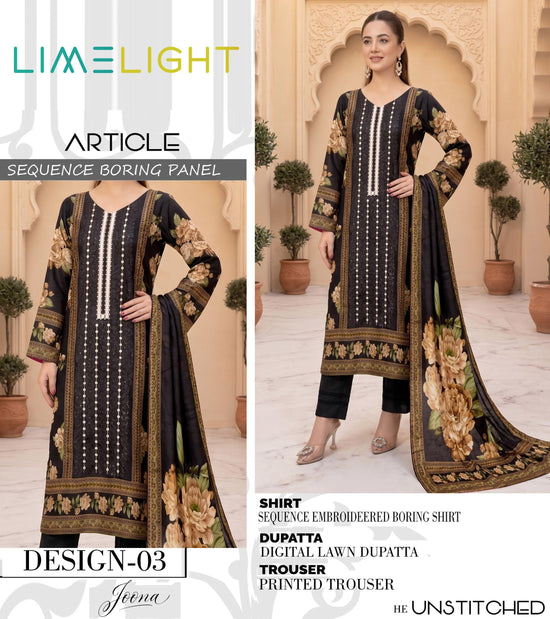 EMB 3 Piece Black Suit | Lawn Stuff By LIMELIGHT