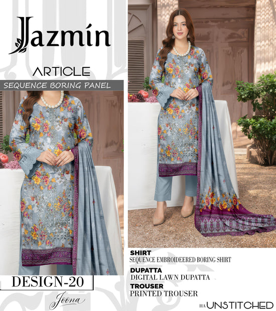 EMB 3 Piece Grey Suit | Lawn Stuff By Jazmin