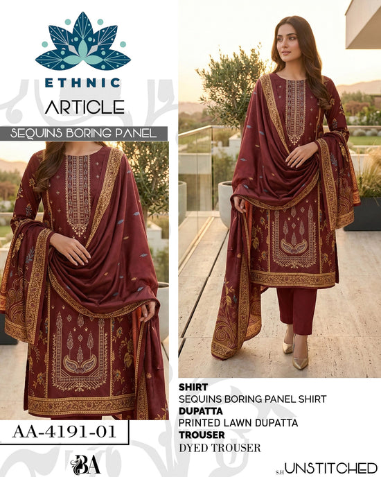 EMB 3 Piece Mehroon Suit | Lawn Stuff By Ethnic